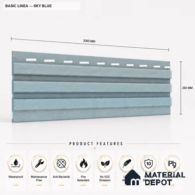 Sky Blue 10 ft x 0.5 ft (3060x150 mm) Pastel Linea Design Interior & Exterior Wall & Ceiling Panel - 15 mm | Suitable for Balcony, Facade & Open Area | Width is Subjected to 5% Variation