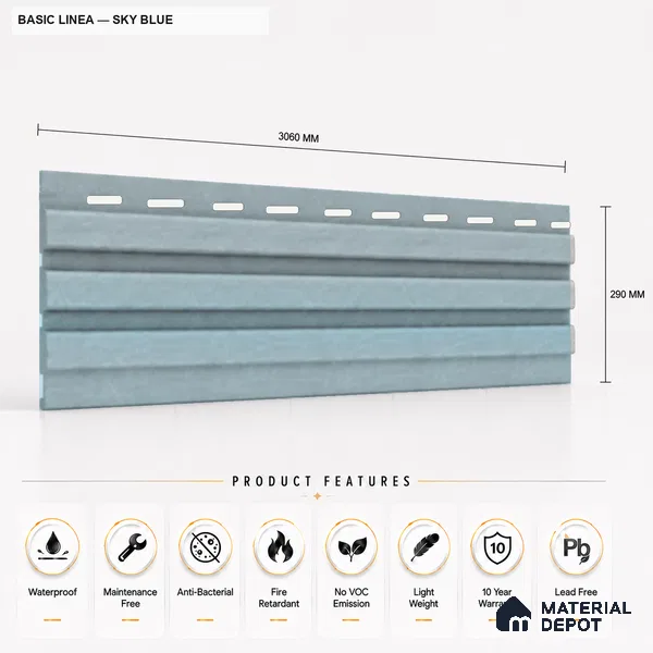 Sky Blue 10 ft x 0.5 ft (3060x150 mm) Pastel Linea Design Interior & Exterior Wall & Ceiling Panel - 15 mm | Suitable for Balcony, Facade & Open Area | Width is Subjected to 5% Variation