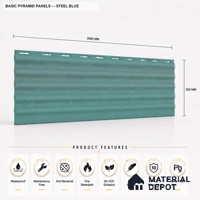 Steel Blue 10 ft x 0.5 ft (3060x150 mm) Pastel Pyramid Design Interior & Exterior Wall & Ceiling Panel - 15 mm | Suitable for Balcony, Facade & Open Area | Width is Subjected to 5% Variation