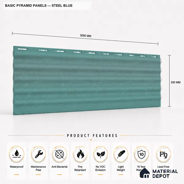 Steel Blue 10 ft x 0.5 ft (3060x150 mm) Pastel Pyramid Design Interior & Exterior Wall & Ceiling Panel - 15 mm | Suitable for Balcony, Facade & Open Area | Width is Subjected to 5% Variation