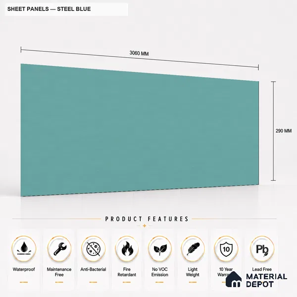 Steel Blue 10 ft x 0.5 ft (3060x150 mm) Pastel Sheet Design Interior & Exterior Wall & Ceiling Panel - 15 mm | Suitable for Balcony, Facade & Open Area | Width is Subjected to 5% Variation