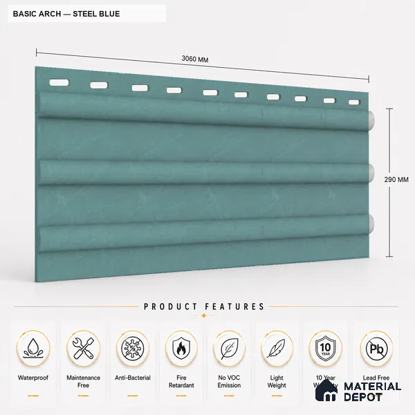 Steel Blue 10 ft x 0.6 ft (3060x180 mm) Pastel Arch Design Interior & Exterior Wall & Ceiling Panel - 17 mm | Suitable for Balcony, Facade & Open Area | Width is Subjected to 5% Variation