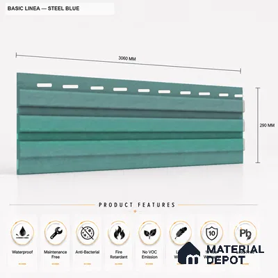 Steel Blue 10 ft x 0.5 ft (3060x150 mm) Pastel Linea Design Interior & Exterior Wall & Ceiling Panel - 15 mm | Suitable for Balcony, Facade & Open Area | Width is Subjected to 5% Variation
