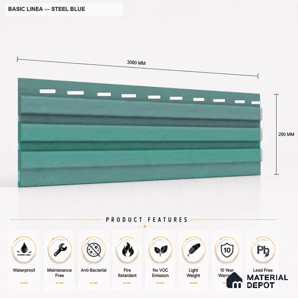Steel Blue 10 ft x 0.5 ft (3060x150 mm) Pastel Linea Design Interior & Exterior Wall & Ceiling Panel - 15 mm | Suitable for Balcony, Facade & Open Area | Width is Subjected to 5% Variation