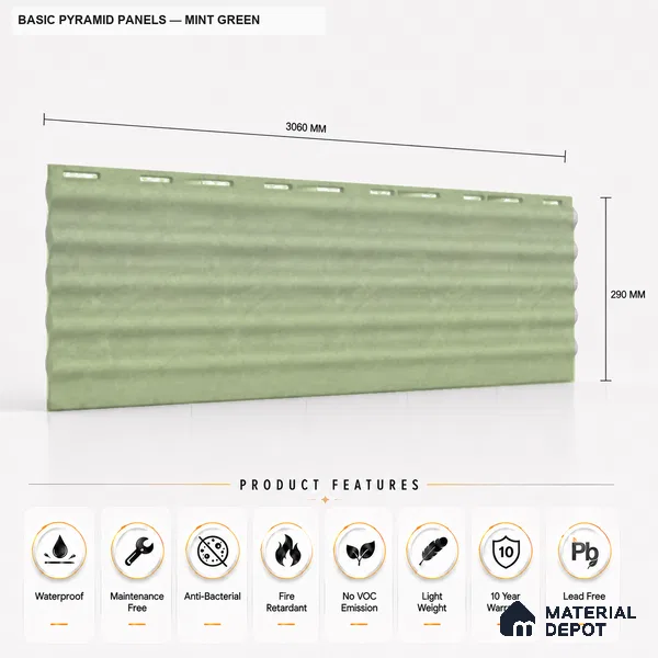 Mint Green 10 ft x 0.5 ft (3060x150 mm) Pastel Pyramid Design Interior & Exterior Wall & Ceiling Panel - 15 mm | Suitable for Balcony, Facade & Open Area | Width is Subjected to 5% Variation