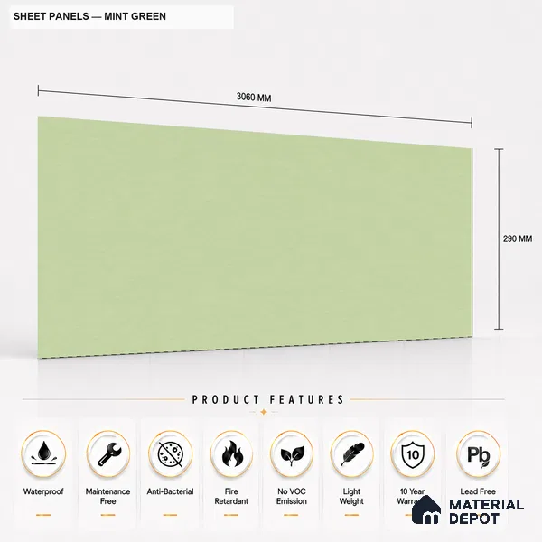 Mint Green 10 ft x 0.5 ft (3060x150 mm) Pastel Sheet Design Interior & Exterior Wall & Ceiling Panel - 15 mm | Suitable for Balcony, Facade & Open Area | Width is Subjected to 5% Variation