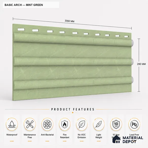 Mint Green 10 ft x 0.6 ft (3060x180 mm) Pastel Arch Design Interior & Exterior Wall & Ceiling Panel - 17 mm | Suitable for Balcony, Facade & Open Area | Width is Subjected to 5% Variation