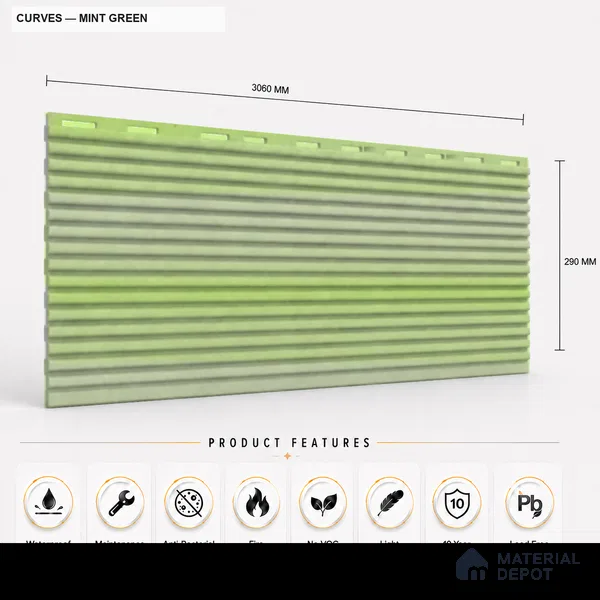 Mint Green 10 ft x 0.68 ft (3060x208 mm) Curve Design Interior & Exterior Wall & Ceiling Panel - 10 mm | Suitable for Balcony, Facade & Open Area | Width is Subjected to 5% Variation