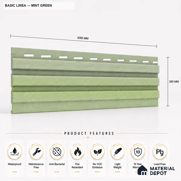 Mint Green 10 ft x 0.5 ft (3060x150 mm) Pastel Linea Design Interior & Exterior Wall & Ceiling Panel - 15 mm | Suitable for Balcony, Facade & Open Area | Width is Subjected to 5% Variation