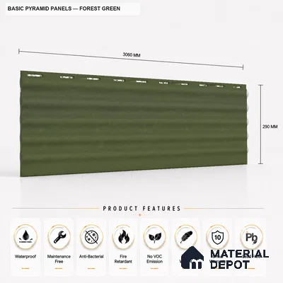 Forest Green 10 ft x 0.5 ft (3060x150 mm) Pastel Pyramid Design Interior & Exterior Wall & Ceiling Panel - 15 mm | Suitable for Balcony, Facade & Open Area | Width is Subjected to 5% Variation