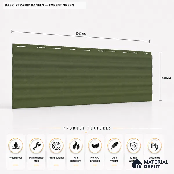 Forest Green 10 ft x 0.5 ft (3060x150 mm) Pastel Pyramid Design Interior & Exterior Wall & Ceiling Panel - 15 mm | Suitable for Balcony, Facade & Open Area | Width is Subjected to 5% Variation