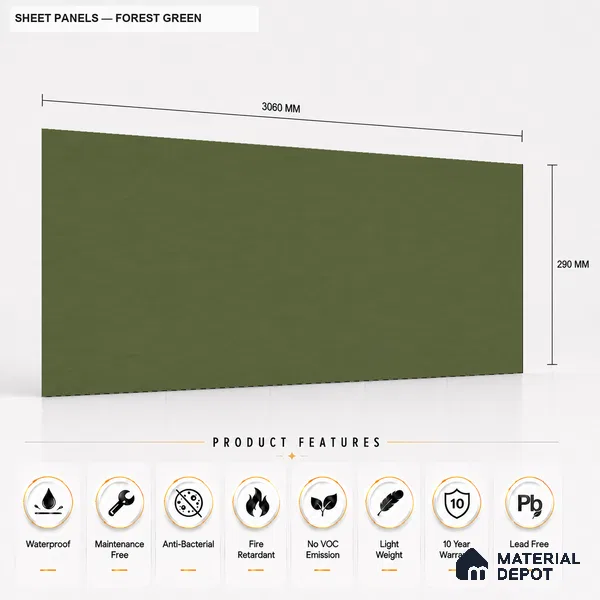Forest Green 10 ft x 0.5 ft (3060x150 mm) Pastel Sheet Design Interior & Exterior Wall & Ceiling Panel - 15 mm | Suitable for Balcony, Facade & Open Area | Width is Subjected to 5% Variation