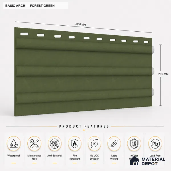 Forest Green 10 ft x 0.6 ft (3060x180 mm) Pastel Arch Design Interior & Exterior Wall & Ceiling Panel - 17 mm | Suitable for Balcony, Facade & Open Area | Width is Subjected to 5% Variation
