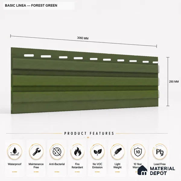 Forest Green 10 ft x 0.5 ft (3060x150 mm) Pastel Linea Design Interior & Exterior Wall & Ceiling Panel - 15 mm | Suitable for Balcony, Facade & Open Area | Width is Subjected to 5% Variation