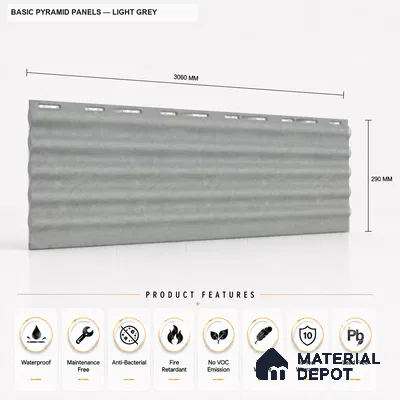 Light Grey 10 ft x 0.5 ft (3060x150 mm) Pastel Pyramid Design Interior & Exterior Wall & Ceiling Panel - 15 mm | Suitable for Balcony, Facade & Open Area | Width is Subjected to 5% Variation