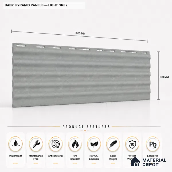 Light Grey 10 ft x 0.5 ft (3060x150 mm) Pastel Pyramid Design Interior & Exterior Wall & Ceiling Panel - 15 mm | Suitable for Balcony, Facade & Open Area | Width is Subjected to 5% Variation