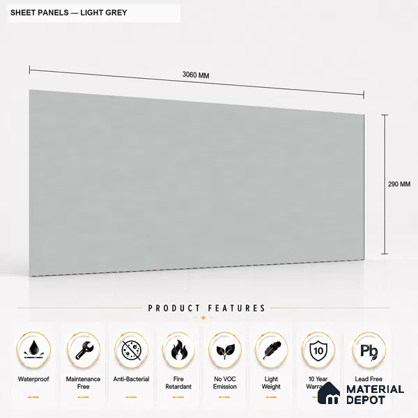 Light Grey 10 ft x 0.5 ft (3060x150 mm) Pastel Sheet Design Interior & Exterior Wall & Ceiling Panel - 15 mm | Suitable for Balcony, Facade & Open Area | Width is Subjected to 5% Variation