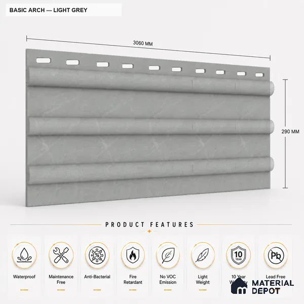 Light Grey 10 ft x 0.6 ft (3060x180 mm) Pastel Arch Design Interior & Exterior Wall & Ceiling Panel - 17 mm | Suitable for Balcony, Facade & Open Area | Width is Subjected to 5% Variation