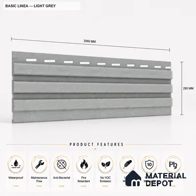 Light Grey 10 ft x 0.5 ft (3060x150 mm) Pastel Linea Design Interior & Exterior Wall & Ceiling Panel - 15 mm | Suitable for Balcony, Facade & Open Area | Width is Subjected to 5% Variation