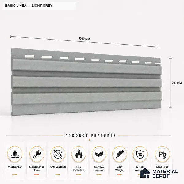 Light Grey 10 ft x 0.5 ft (3060x150 mm) Pastel Linea Design Interior & Exterior Wall & Ceiling Panel - 15 mm | Suitable for Balcony, Facade & Open Area | Width is Subjected to 5% Variation
