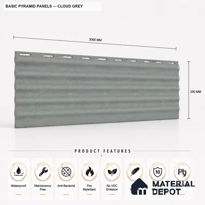 Cloud Grey 10 ft x 0.5 ft (3060x150 mm) Pastel Pyramid Design Interior & Exterior Wall & Ceiling Panel - 15 mm | Suitable for Balcony, Facade & Open Area | Width is Subjected to 5% Variation