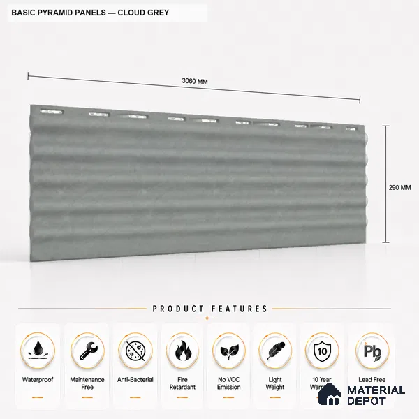 Cloud Grey 10 ft x 0.5 ft (3060x150 mm) Pastel Pyramid Design Interior & Exterior Wall & Ceiling Panel - 15 mm | Suitable for Balcony, Facade & Open Area | Width is Subjected to 5% Variation