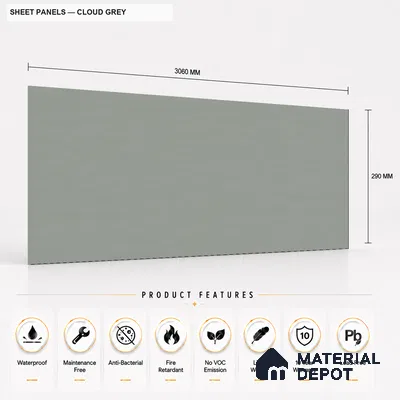 Cloud Grey 10 ft x 0.5 ft (3060x150 mm) Pastel Sheet Design Interior & Exterior Wall & Ceiling Panel - 15 mm | Suitable for Balcony, Facade & Open Area | Width is Subjected to 5% Variation