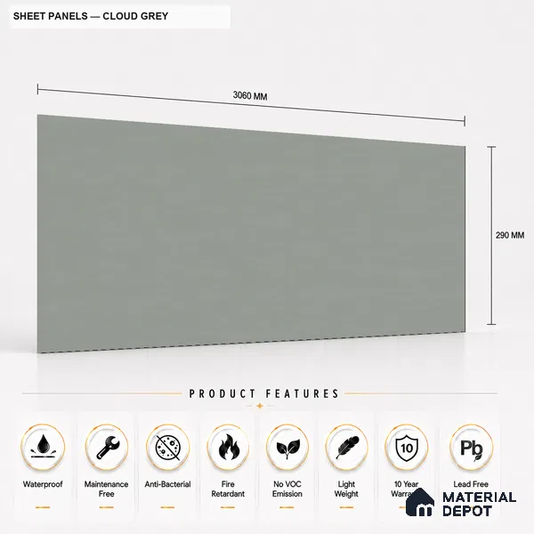 Cloud Grey 10 ft x 0.5 ft (3060x150 mm) Pastel Sheet Design Interior & Exterior Wall & Ceiling Panel - 15 mm | Suitable for Balcony, Facade & Open Area | Width is Subjected to 5% Variation