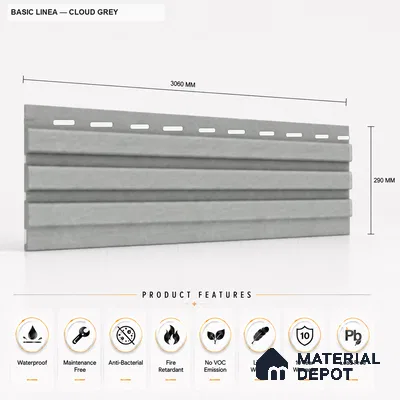 Cloud Grey 10 ft x 0.5 ft (3060x150 mm) Pastel Linea Design Interior & Exterior Wall & Ceiling Panel - 15 mm | Suitable for Balcony, Facade & Open Area | Width is Subjected to 5% Variation