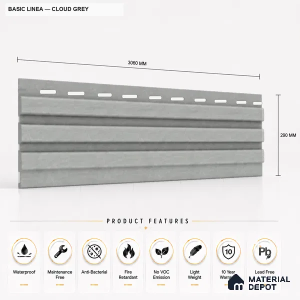 Cloud Grey 10 ft x 0.5 ft (3060x150 mm) Pastel Linea Design Interior & Exterior Wall & Ceiling Panel - 15 mm | Suitable for Balcony, Facade & Open Area | Width is Subjected to 5% Variation