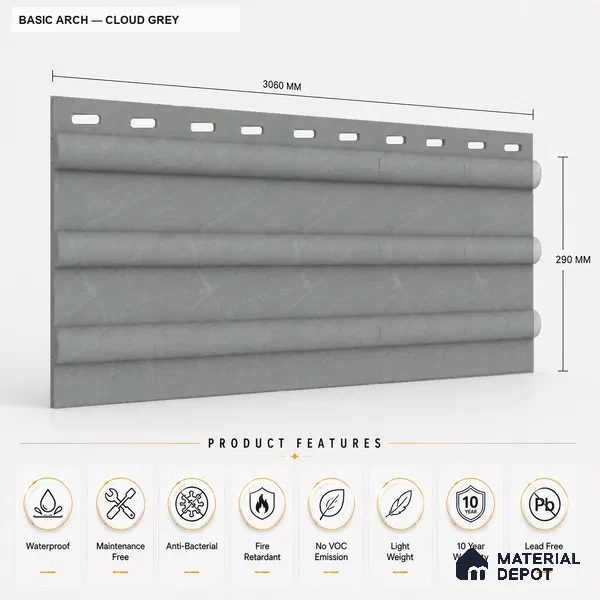 Cloud Grey 10 ft x 0.6 ft (3060x180 mm) Pastel Arch Design Interior & Exterior Wall & Ceiling Panel - 17 mm | Suitable for Balcony, Facade & Open Area | Width is Subjected to 5% Variation
