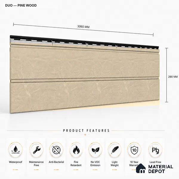 Pine Wood 10 ft x 1 ft (3060x340 mm) Duo Design Interior & Exterior Wall & Ceiling Panel - 12 mm | Suitable for Balcony, Facade & Open Area | Width is Subjected to 5% Variation