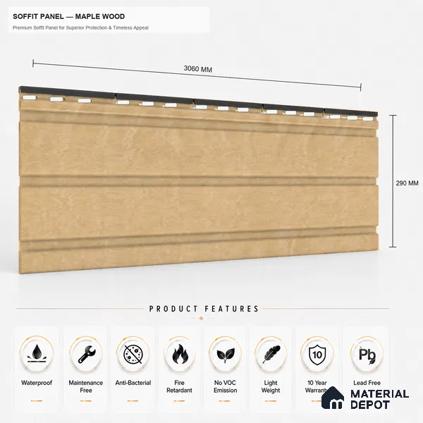 Maple Wood 10 ft x 1 ft (3060x340 mm) Soffit Design Interior & Exterior Wall & Ceiling Panel - 12 mm | Suitable for Balcony, Facade & Open Area | Width is Subjected to 5% Variation