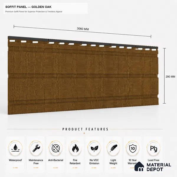 Golden Oak 10 ft x 1 ft (3060x340 mm) Soffit Design Interior & Exterior Wall & Ceiling Panel - 12 mm | Suitable for Balcony, Facade & Open Area | Width is Subjected to 5% Variation