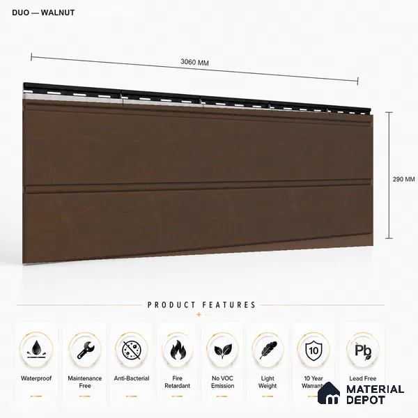 Walnut 10 ft x 1 ft (3060x340 mm) Duo Design Interior & Exterior Wall & Ceiling Panel - 12 mm | Suitable for Balcony, Facade & Open Area | Width is Subjected to 5% Variation