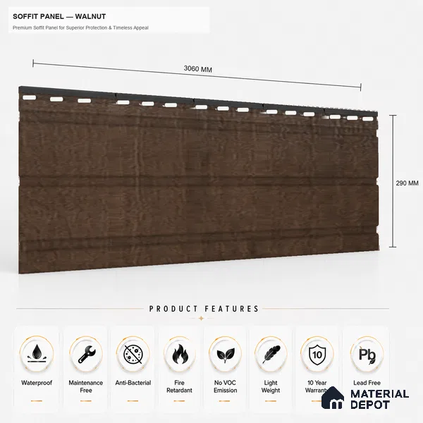 Walnut 10 ft x 1 ft (3060x340 mm) Soffit Design Interior & Exterior Wall & Ceiling Panel - 12 mm | Suitable for Balcony, Facade & Open Area | Width is Subjected to 5% Variation