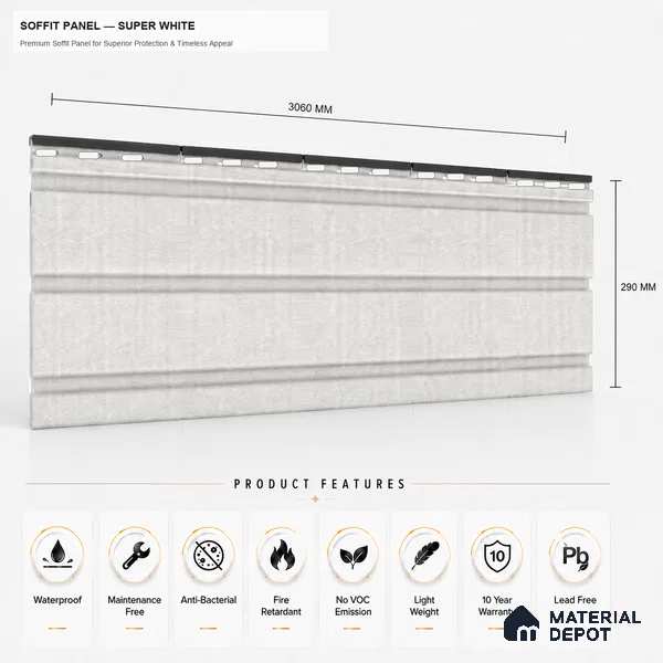 Super White 10 ft x 1 ft (3060x340 mm) Soffit Design Interior & Exterior Wall & Ceiling Panel - 12 mm | Suitable for Balcony, Facade & Open Area | Width is Subjected to 5% Variation