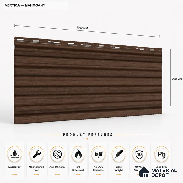 Mahogany 10 ft x 8.2 inch Vertica Design Interior & Exterior Wall & Ceiling Panel - 20 mm | Suitable for Balcony, Facade & Open Area | Width is Subjected to 5% Variation