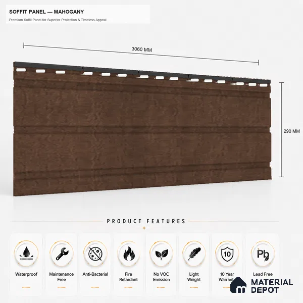 Mahogany 10 ft x 1 ft (3060x340 mm) Soffit Design Interior & Exterior Wall & Ceiling Panel - 12 mm | Suitable for Balcony, Facade & Open Area | Width is Subjected to 5% Variation