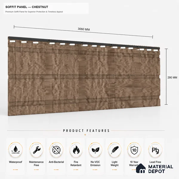 Chestnut 10 ft x 1 ft (3060x340 mm) Soffit Design Interior & Exterior Wall & Ceiling Panel - 12 mm | Suitable for Balcony, Facade & Open Area | Width is Subjected to 5% Variation