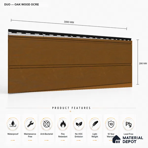 Oak Wood Ocre 10 ft x 1 ft (3060x340 mm) Duo Design Interior & Exterior Wall & Ceiling Panel - 12 mm | Suitable for Balcony, Facade & Open Area | Width is Subjected to 5% Variation
