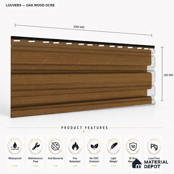 Oak Wood Ocre 10 ft x 0.86 ft (3060x265 mm) Louvers Design Interior & Exterior Wall & Ceiling Panel - 14 mm | Suitable for Balcony, Facade & Open Area | Width is Subjected to 5% Variation
