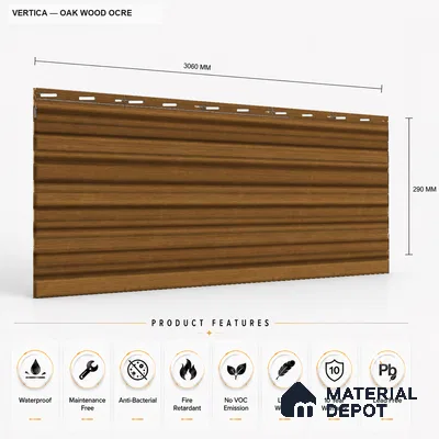 Oak Wood Ocre 10 ft x 8.2 inch Vertica Design Interior & Exterior Wall & Ceiling Panel - 20 mm | Suitable for Balcony, Facade & Open Area | Width is Subjected to 5% Variation