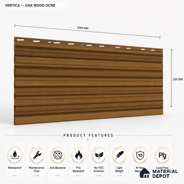 Oak Wood Ocre 10 ft x 8.2 inch Vertica Design Interior & Exterior Wall & Ceiling Panel - 20 mm | Suitable for Balcony, Facade & Open Area | Width is Subjected to 5% Variation