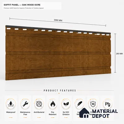 Oak Wood Ocre 10 ft x 1 ft (3060x340 mm) Soffit Design Interior & Exterior Wall & Ceiling Panel - 12 mm | Suitable for Balcony, Facade & Open Area | Width is Subjected to 5% Variation
