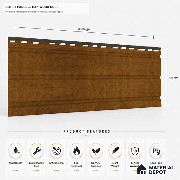 Oak Wood Ocre 10 ft x 1 ft (3060x340 mm) Soffit Design Interior & Exterior Wall & Ceiling Panel - 12 mm | Suitable for Balcony, Facade & Open Area | Width is Subjected to 5% Variation