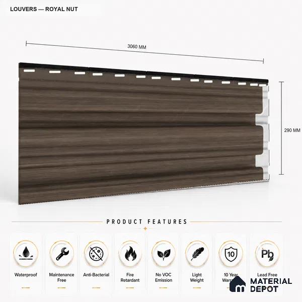 Royal Nut 10 ft x 0.86 ft (3060x265 mm) Louvers Design Interior & Exterior Wall & Ceiling Panel - 14 mm | Suitable for Balcony, Facade & Open Area | Width is Subjected to 5% Variation