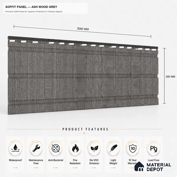 Ashwood Grey 10 ft x 1 ft (3060x340 mm) Soffit Design Interior & Exterior Wall & Ceiling Panel - 12 mm | Suitable for Balcony, Facade & Open Area | Width is Subjected to 5% Variation