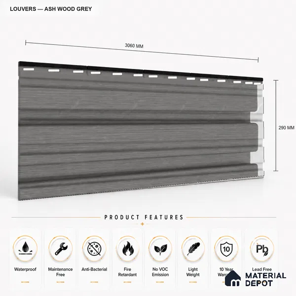 Ashwood Grey 10 ft x 0.86 ft (3060x265 mm) Louvers Design Interior & Exterior Wall & Ceiling Panel - 14 mm | Suitable for Balcony, Facade & Open Area | Width is Subjected to 5% Variation