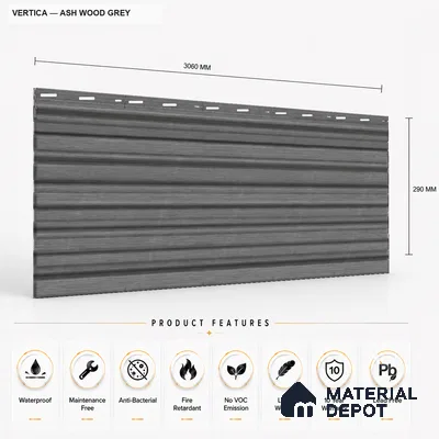 Ashwood Grey 10 ft x 8.2 inch Vertica Design Interior & Exterior Wall & Ceiling Panel - 20 mm | Suitable for Balcony, Facade & Open Area | Width is Subjected to 5% Variation